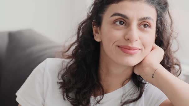 Positive Young Woman Sending Air Kiss Camera Sitting Sofa Home — Stock Video