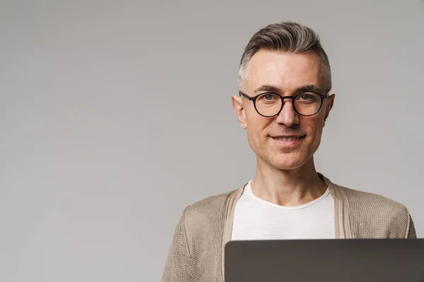 Confident Smiling Handsome Smart Looking Man Standing Laptop Computer Isolated — Stock Photo, Image