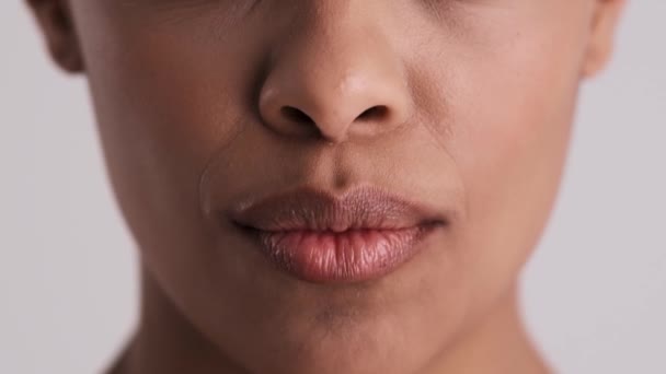 Close Cropped View Surprised Woman Mouth Isolated Gray Background Studio — Stock Video