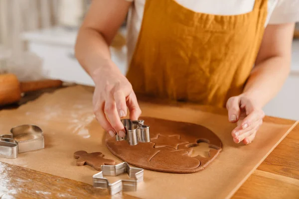 Caucasian Pastry Chef Woman Making Christmas Cookies Cozy Kitchen — Stock Photo, Image