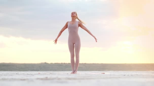 Calm Blonde Woman Doing Yoga Exercises Standing Morning — Stockvideo