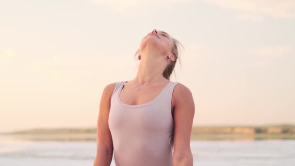 Pleased Woman Doing Meditation Sitting Nature — Stockvideo