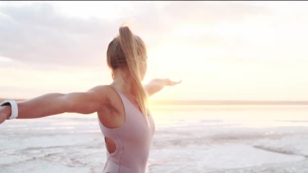 Beautiful Young Blonde Woman Standing Yoga Pose Nature — Stockvideo