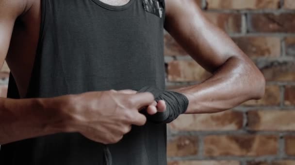 Cropped View African American Young Sportsman Putting Bandages Boxing While — Stockvideo