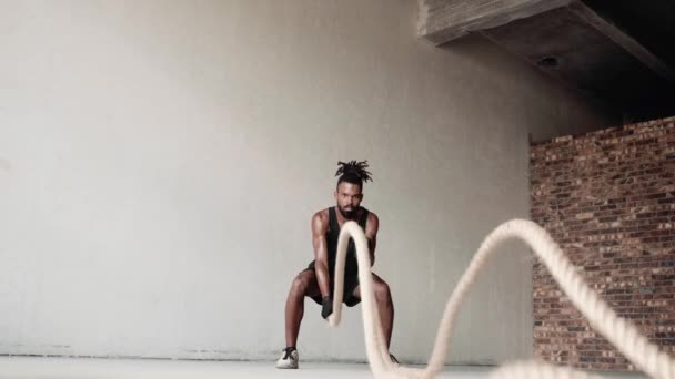 Muscular Strong Young Afro American Sportsman Working Out Battle Ropes — Stockvideo