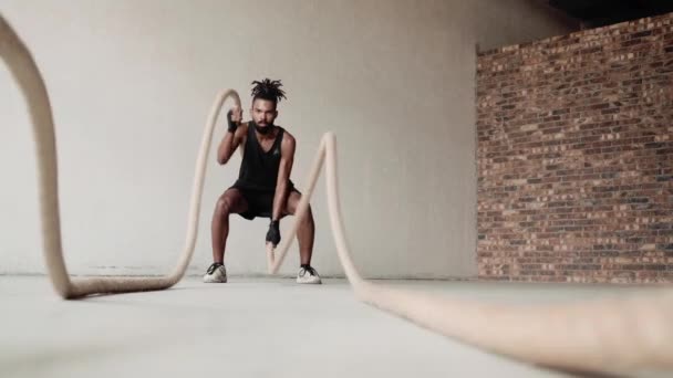 Handsome Strong Young Afro American Sportsman Doing Exercises Battle Ropes — Stockvideo