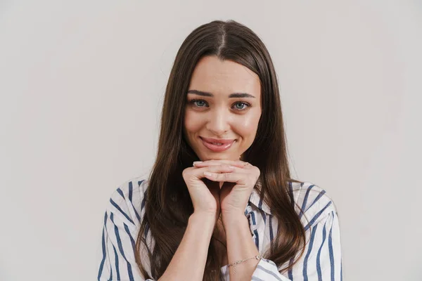 Gelukkig Mooi Brunette Meisje Glimlachen Kijken Naar Camera Geïsoleerd Witte — Stockfoto