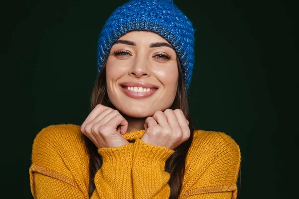 Joyful Beautiful Girl Knit Hat Smiling Looking Camera Isolated Green — Stock Photo, Image