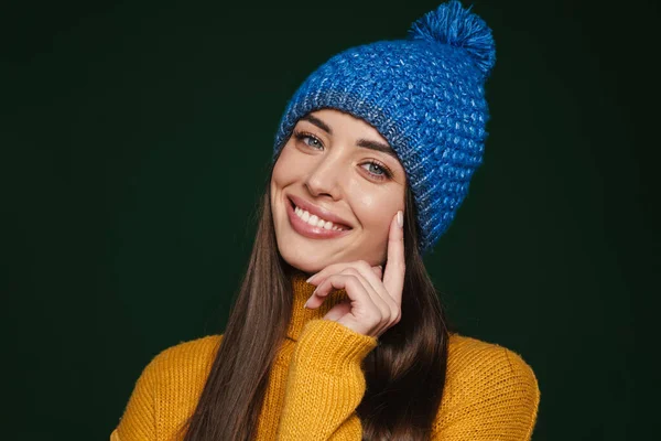 Joyful Beautiful Girl Knit Hat Smiling Looking Camera Isolated Green — Stock Photo, Image