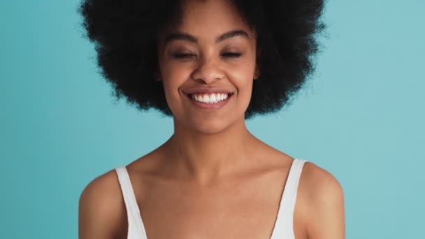 Portrait Happy Black Woman Showing Okay Gesture Camera Studio — Stockvideo