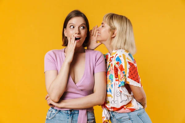 Retrato Duas Namoradas Encantadoras Alegres Vestindo Roupas Verão Isolado Sobre — Fotografia de Stock