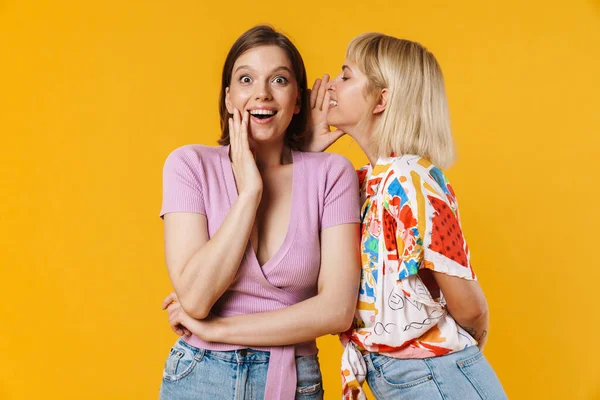 Retrato Dos Alegres Novias Adorables Con Ropa Verano Pie Aislada — Foto de Stock