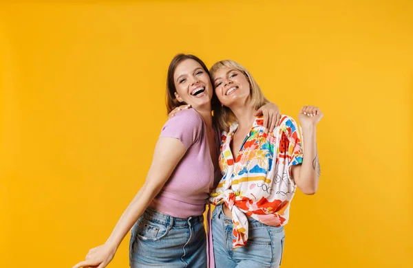 Portrait Two Cheerful Lovely Girlfriends Wearing Summer Clothes Standing Isolated — Stock Photo, Image