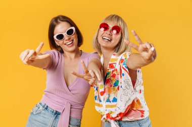 Sarı arka planda tek başına duran, yaz kıyafetleri giyen iki güzel kız arkadaşın portresi.