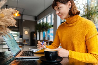Çekici gülümseyen kız öğrenci kafede dizüstü bilgisayarından ders çalışıyor.