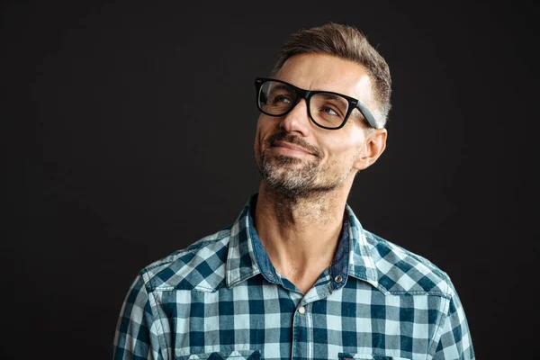 Handsome Pleased Man Eyeglasses Posing Looking Aside Isolated Black Background — Stock Photo, Image