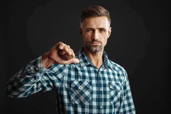 Masculine Confident Man Posing Pointing Finger Himself Isolated Black Background — Stock Photo, Image