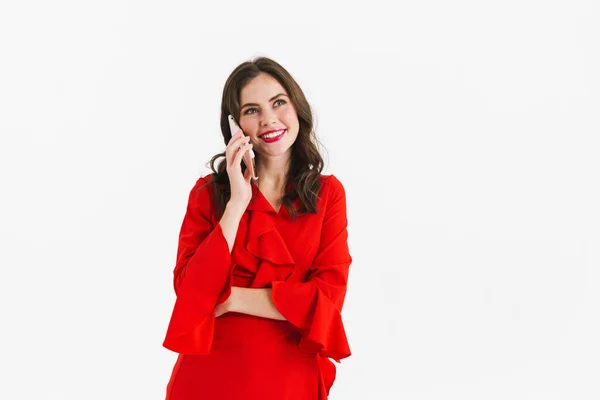 Cheerful Young Woman Red Dress Using Mobile Phone Isolated White — Stock Photo, Image