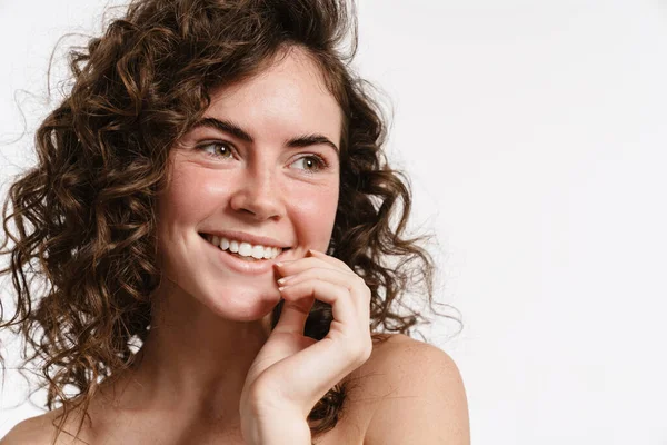 Hermosa Chica Feliz Sin Camisa Sonriendo Mirando Lado Aislado Sobre —  Fotos de Stock