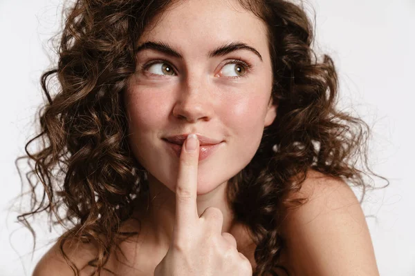 Pleased Sensual Shirtless Girl Showing Silence Gesture Isolated White Background — Stock Photo, Image