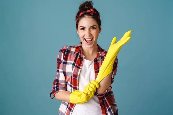 Happy Beautiful Girl Gloves Smiling Looking Camera Isolated Blue Background — Stock Photo, Image