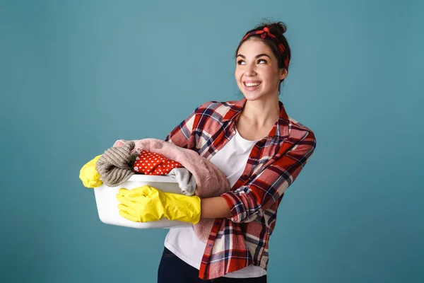 Happy Beautiful Girl Gloves Smiling While Posing Dirty Clothes Isolated — Stock Photo, Image