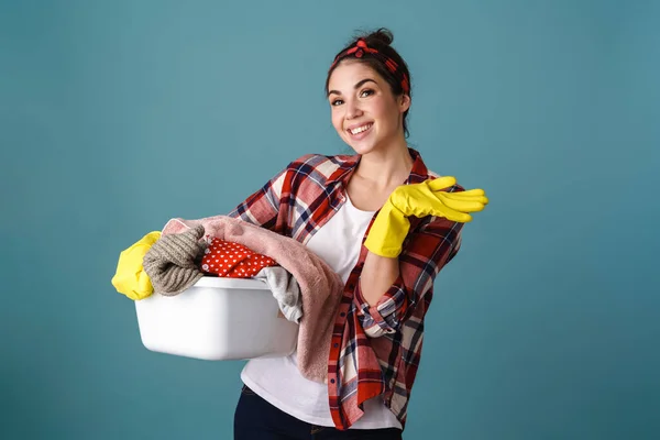 Happy Girl Gloves Holding Copyspace While Posing Dirty Clothes Isolated — Stock Photo, Image