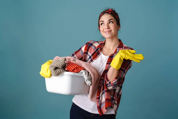 Happy Girl Gloves Holding Copyspace While Posing Dirty Clothes Isolated — Stock Photo, Image