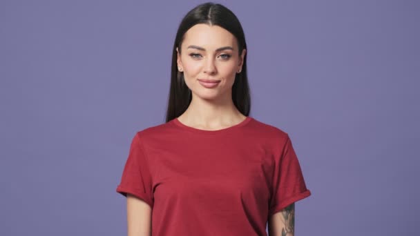 Smiling Young Woman Posing Camera Standing Isolated Purple Background Studio — Stock Video