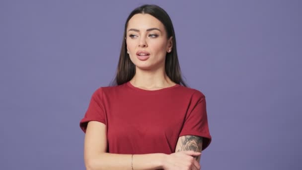 Disappointed Bored Young Woman Standing Isolated Purple Background Studio — Stock Video