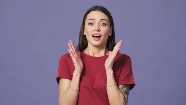 Surprised Young Woman Standing Isolated Purple Background Studio — Stock Video