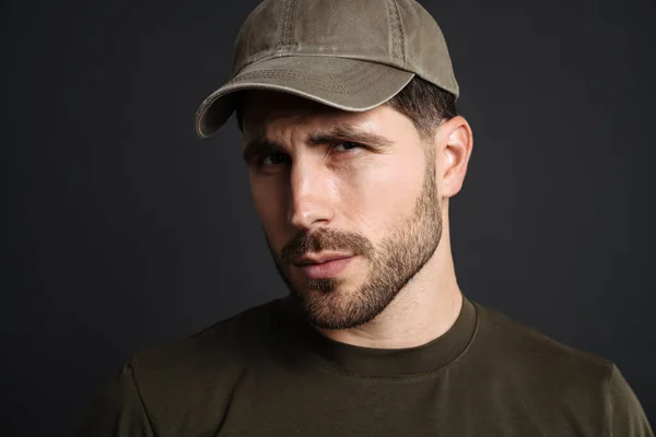 Confident Masculine Military Man Posing Looking Camera Isolated Black Background — Stock Photo, Image