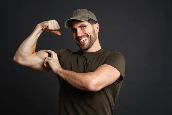 Strong Healthy Military Man Showing Biceps Isolated Black Wall — Stock Photo, Image