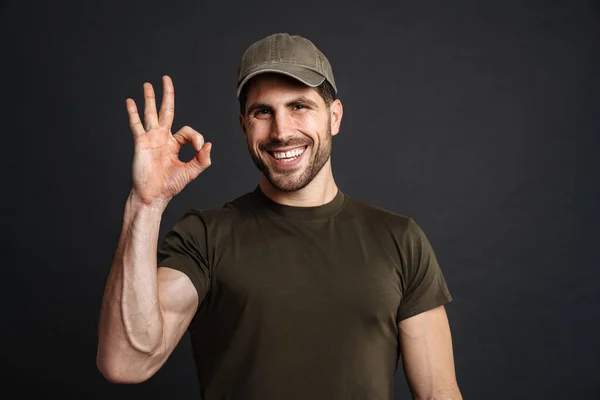 Happy Masculine Military Man Smiling Showing Sign Isolated Black Background — Stock Photo, Image