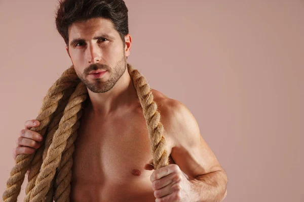 Serious Young Brunette Shirtless Man Standing Rope His Shoulders Pink — Stock Photo, Image