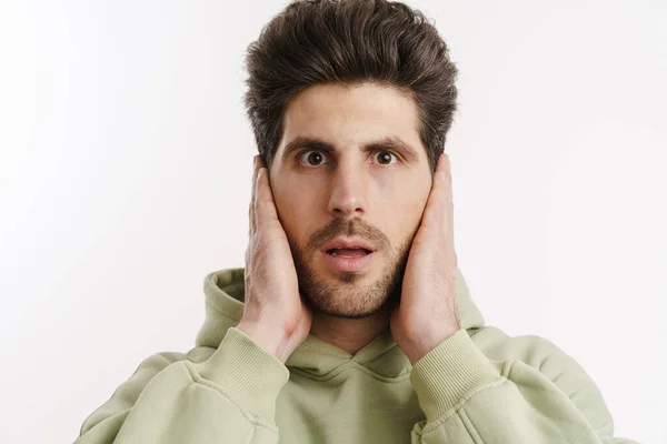 Shocked Handsome Man Sportswear Covering His Ears Isolated White Background — Stock Photo, Image