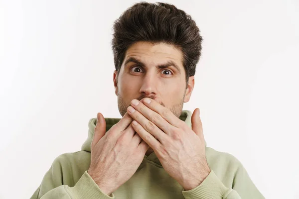 Shocked Handsome Man Sportswear Covering His Mouth Isolated White Background — Stock Photo, Image