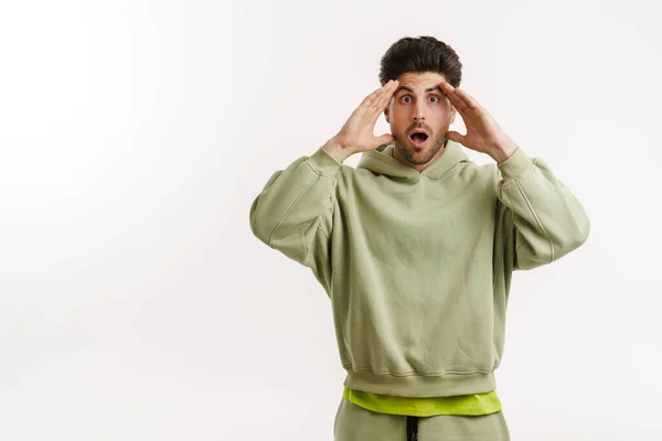 Shocked Handsome Man Sportswear Expressing Surprise Camera Isolated White Background — 图库照片