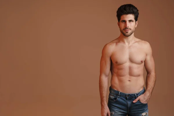 Shirtless Masculine Man Posing Looking Camera Isolated Beige Background — 스톡 사진