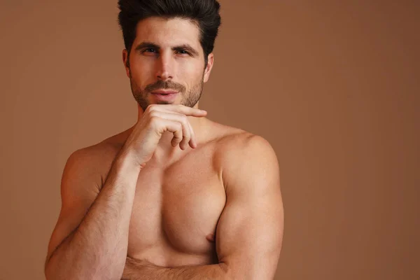 Shirtless Masculine Man Posing Looking Camera Isolated Beige Background — 스톡 사진