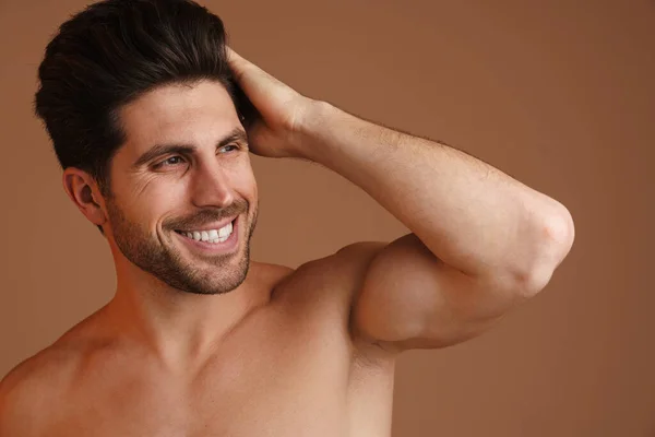 Šťastný Mladý Muž Bez Košile Usmívá Dívá Stranou Izolované Přes — Stock fotografie