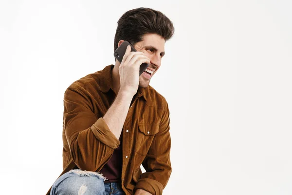 Happy Handsome Man Smiling While Talking Cellphone Isolated White Background — Stock Photo, Image