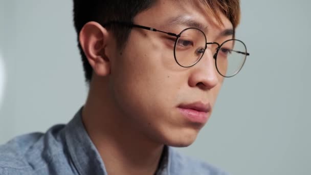 Side View Confident Chinese Man Sitting Front Laptop Office — Stock video