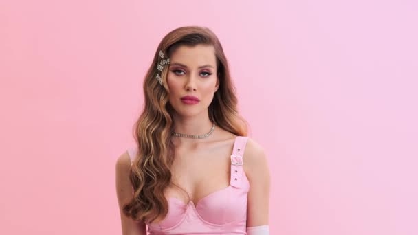 Displeased Young Woman Wearing Gorgeous Evening Pink Dress Gloves Hairpins — Video