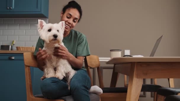 Eine Attraktive Afroamerikanerin Streichelt Den Hund Während Sie Hause Der — Stockvideo