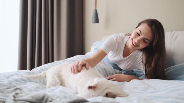 Ein Lächelndes Mädchen Spielt Mit Ihrem Hund Während Sie Hause — Stockvideo