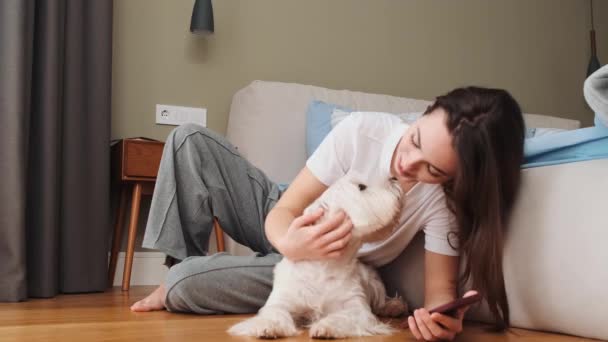 Una Bella Ragazza Accarezza Suo Cane Mentre Tiene Smartphone Seduto — Video Stock