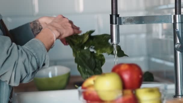 Close Shot Van Vrouwelijke Handen Wassen Spinazie Bladeren Onder Water — Stockvideo