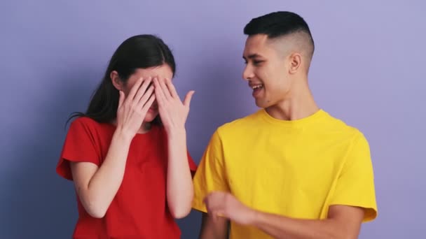 Woman Fear Covering Her Face Her Hands Her Boyfriend Calming — Video