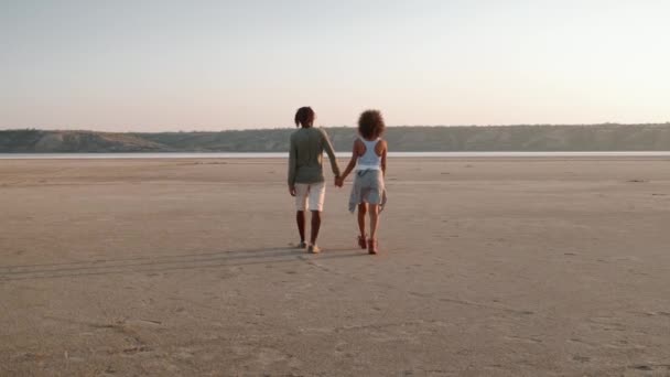 Visão Traseira Casal Feliz Andando Areia Pelas Mãos Natureza — Vídeo de Stock